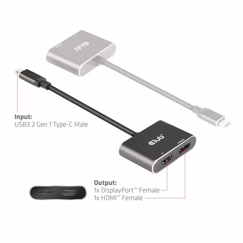CLUB3D MST stebulė USB3.2 Gen2 Type-C (DP Alt-Mode) į DisplayPort + HDMI 4K60Hz M/F