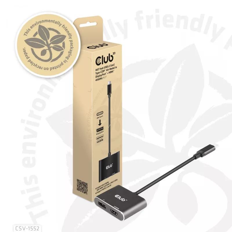 CLUB3D MST stebulė USB3.2 Gen2 Type-C (DP Alt-Mode) į DisplayPort + HDMI 4K60Hz M/F