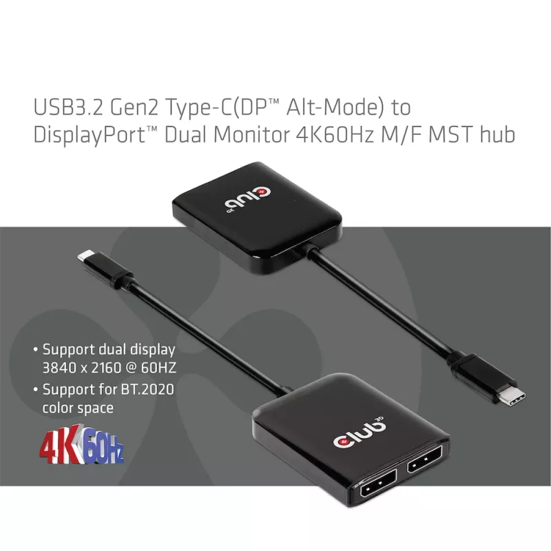 CLUB3D USB3.2 Gen2 Type-C (DP™ Alt-Mod) į DisplayPort dviejų monitorių MST šakotuvas, 4K 60Hz, 1,5 m