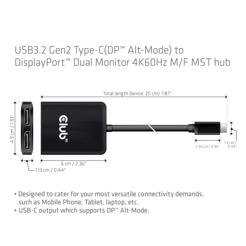 CLUB3D USB3.2 Gen2 Type-C (DP™ Alt-Mod) į DisplayPort dviejų monitorių MST šakotuvas, 4K 60Hz, 1,5 m