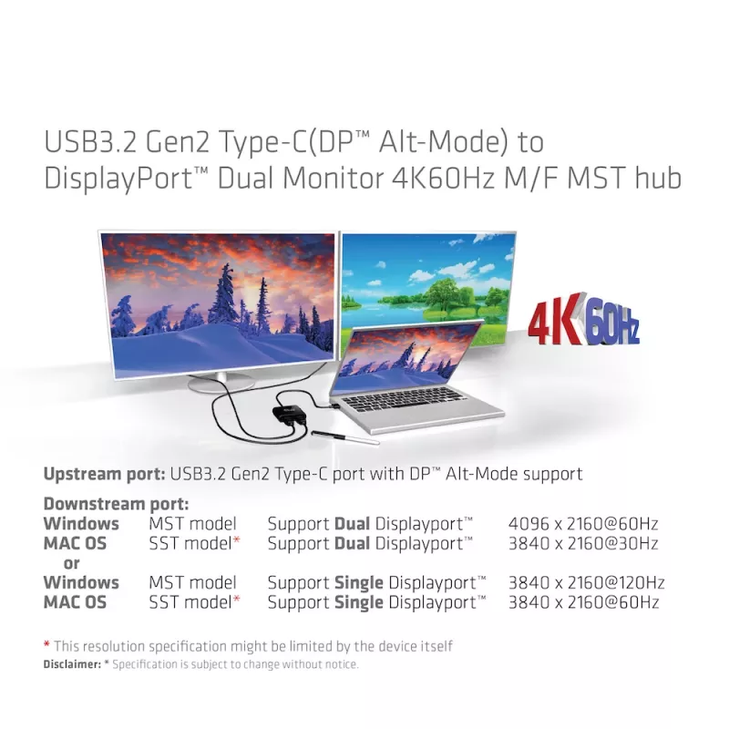 CLUB3D USB3.2 Gen2 Type-C (DP™ Alt-Mod) į DisplayPort dviejų monitorių MST šakotuvas, 4K 60Hz, 1,5 m