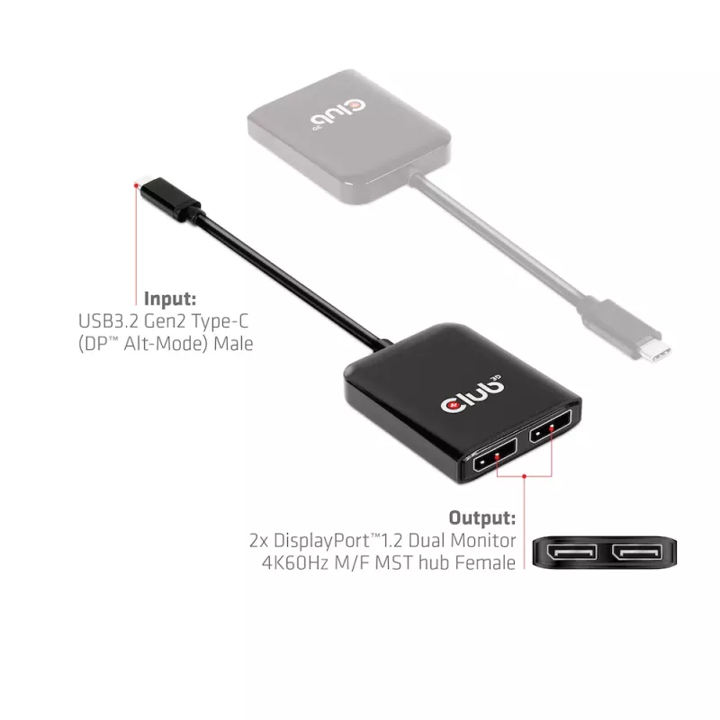 CLUB3D USB3.2 Gen2 Type-C (DP™ Alt-Mod) į DisplayPort dviejų monitorių MST šakotuvas, 4K 60Hz, 1,5 m