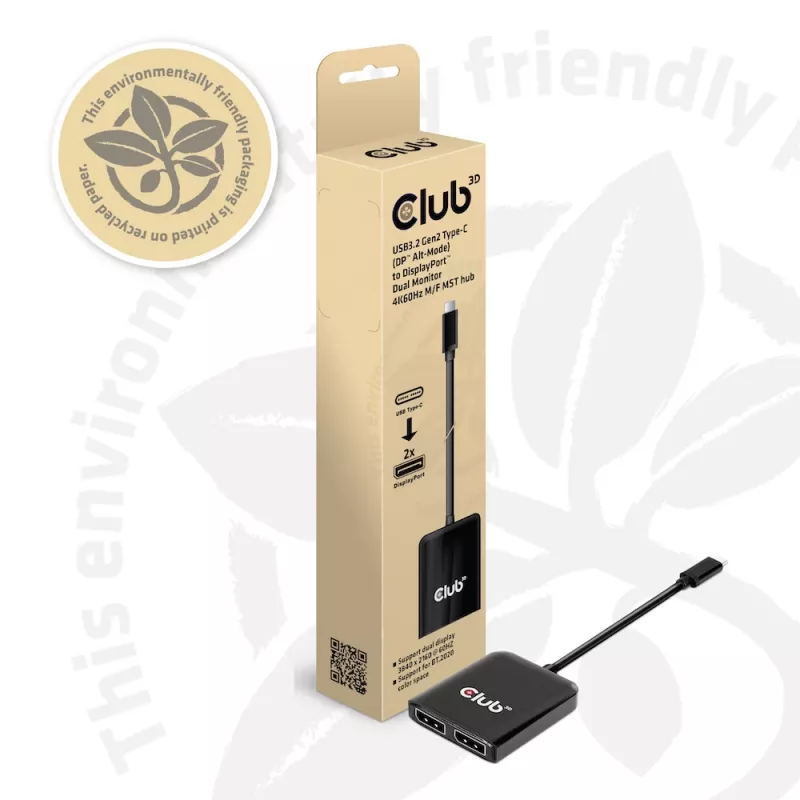 CLUB3D USB3.2 Gen2 Type-C (DP™ Alt-Mod) į DisplayPort dviejų monitorių MST šakotuvas, 4K 60Hz, 1,5 m