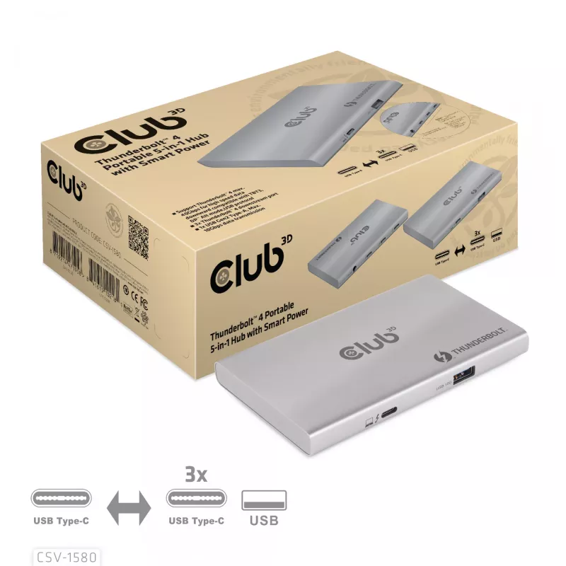 CLUB3D CSV-1580 Thunderbolt™ 4 nešiojamas 5-in-1 centras su išmaniuoju maitinimu