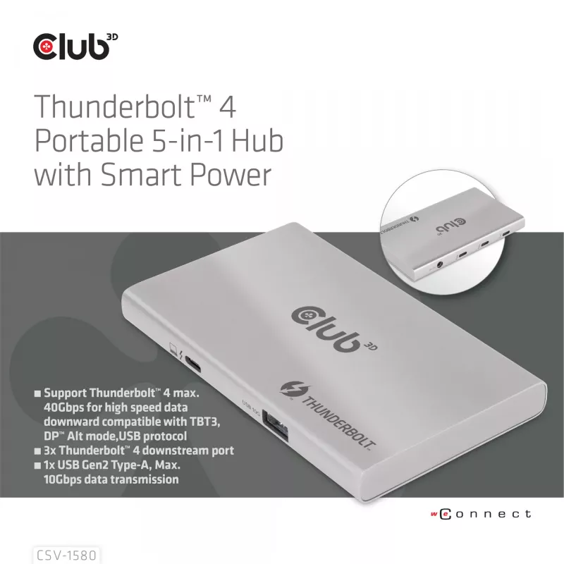 CLUB3D CSV-1580 Thunderbolt™ 4 nešiojamas 5-in-1 centras su išmaniuoju maitinimu