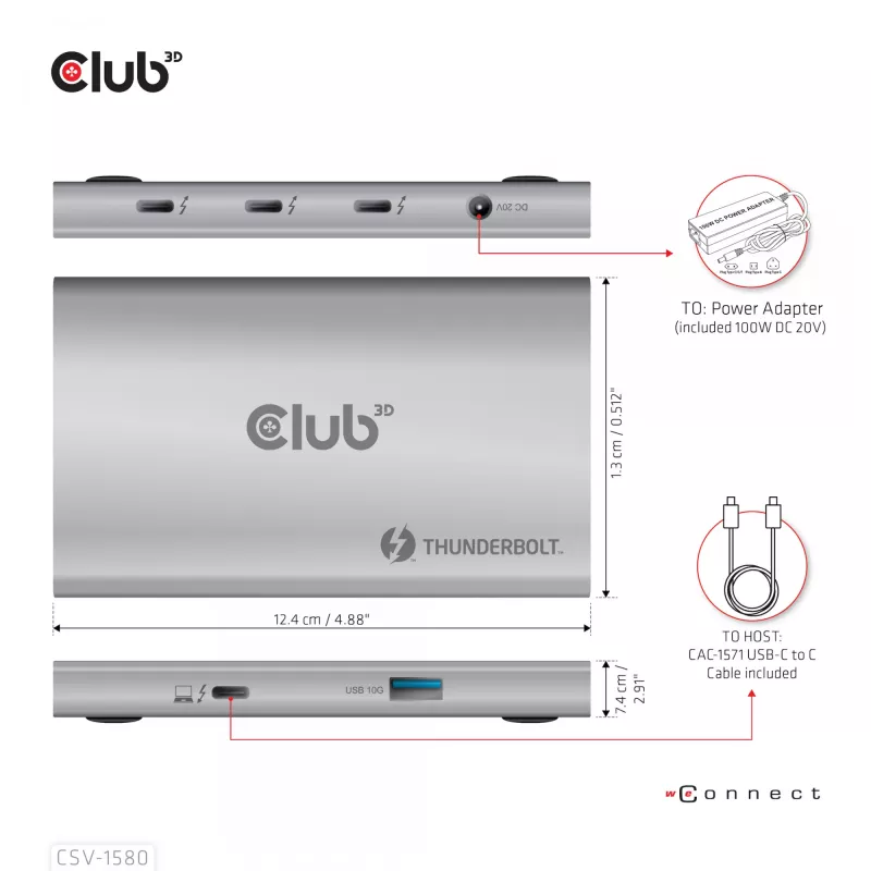 CLUB3D CSV-1580 Thunderbolt™ 4 nešiojamas 5-in-1 centras su išmaniuoju maitinimu