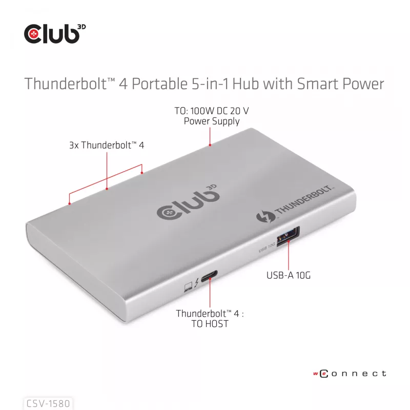 CLUB3D CSV-1580 Thunderbolt™ 4 nešiojamas 5-in-1 centras su išmaniuoju maitinimu