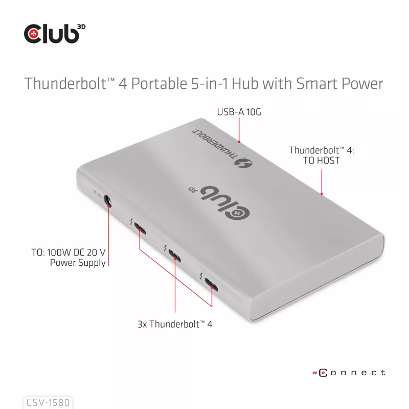 CLUB3D CSV-1580 Thunderbolt™ 4 nešiojamas 5-in-1 centras su išmaniuoju maitinimu
