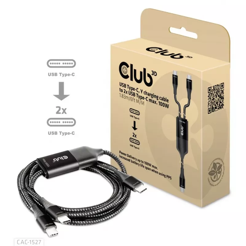 CLUB3D CAC-1527 USB Type-C Y krovimo laidas 2x USB-C iki 100W, 1.83m