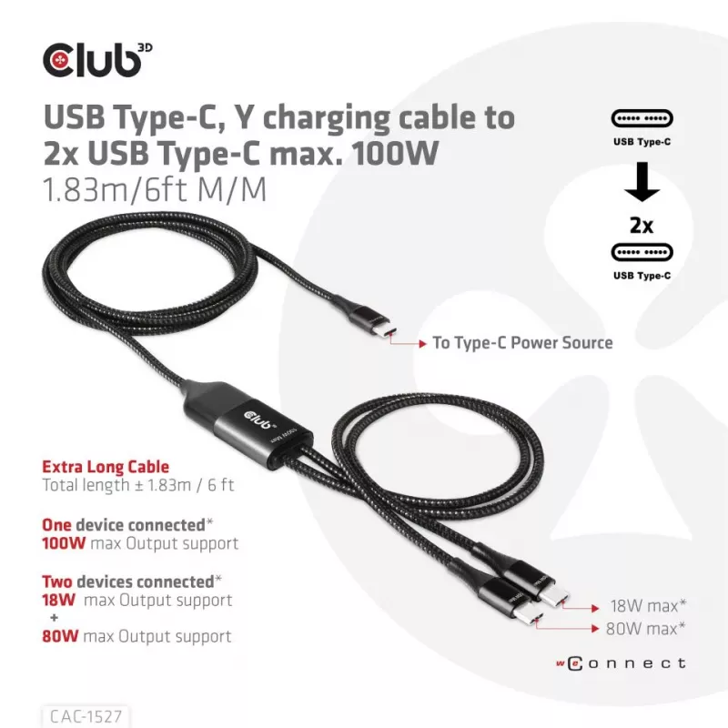 CLUB3D CAC-1527 USB Type-C Y krovimo laidas 2x USB-C iki 100W, 1.83m