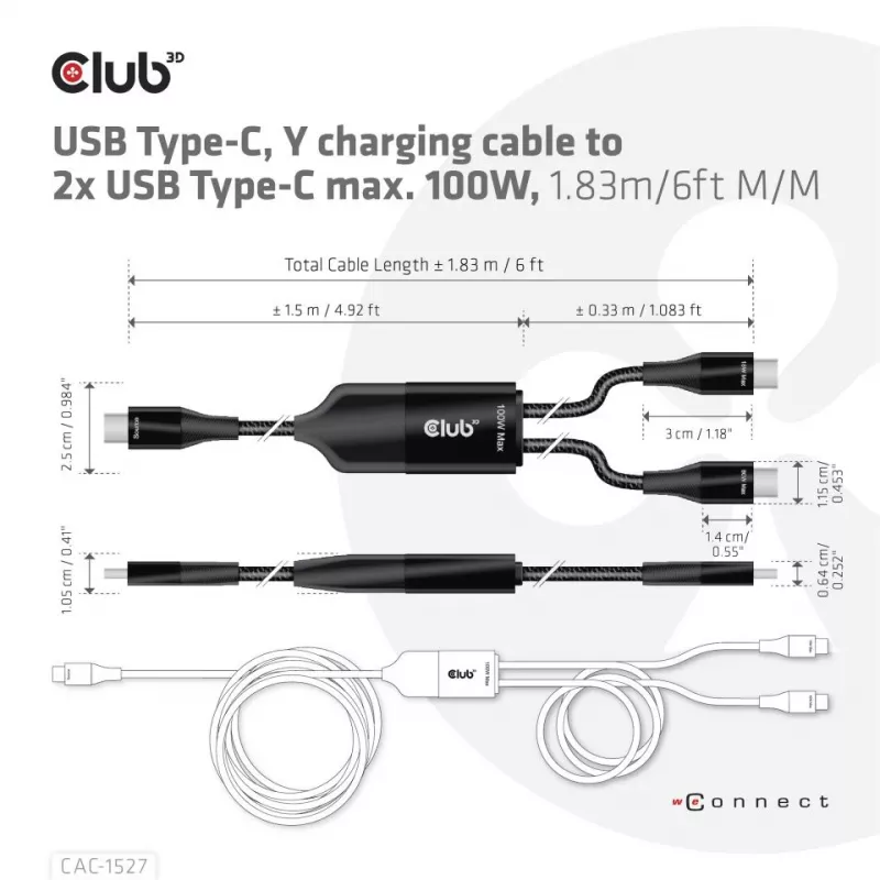 CLUB3D CAC-1527 USB Type-C Y krovimo laidas 2x USB-C iki 100W, 1.83m