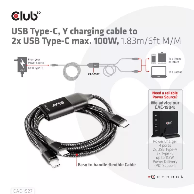 CLUB3D CAC-1527 USB Type-C Y krovimo laidas 2x USB-C iki 100W, 1.83m