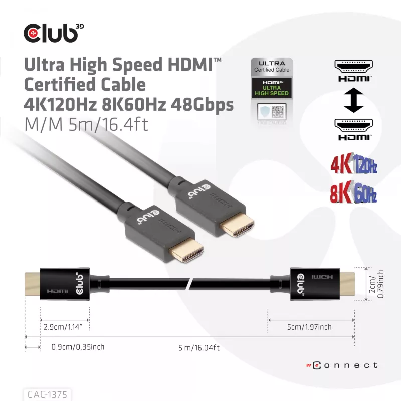 CLUB3D Ultra High Speed HDMI™ sertifikuotas laidas 4K120Hz 8K60Hz 48Gbps M/M 5m