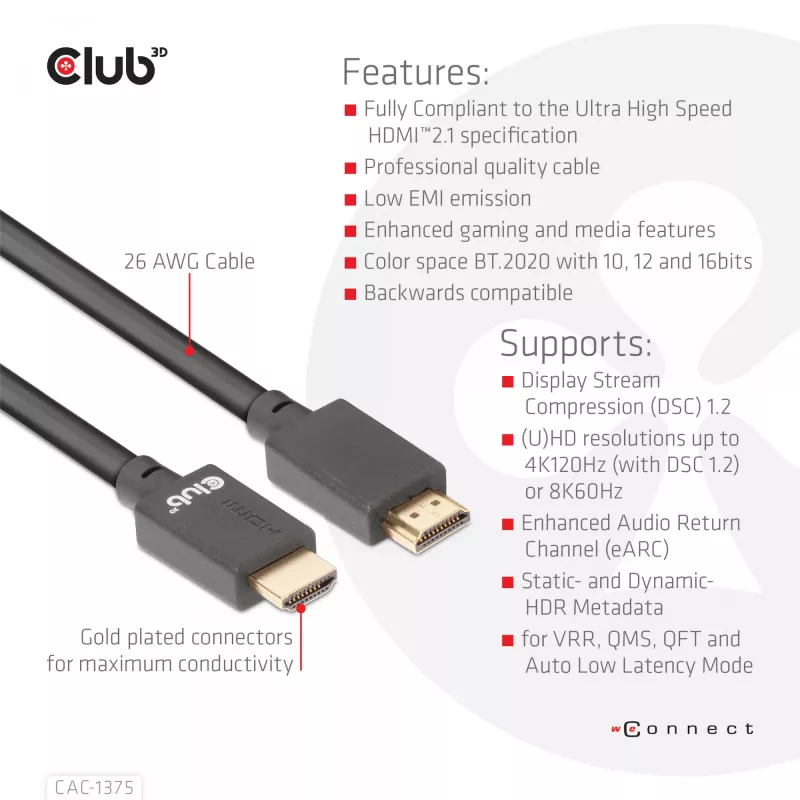 CLUB3D Ultra High Speed HDMI™ sertifikuotas laidas 4K120Hz 8K60Hz 48Gbps M/M 5m