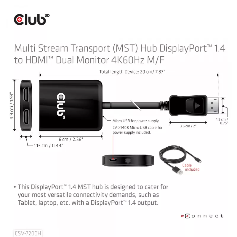 CLUB3D CSV-7200H MST Hub DisplayPort 1.4 į du HDMI – dviejų monitorių 4K 60Hz adapteris