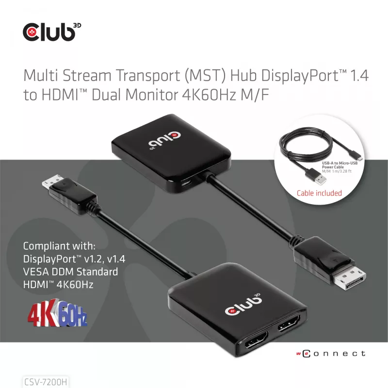 CLUB3D CSV-7200H MST Hub DisplayPort 1.4 į du HDMI – dviejų monitorių 4K 60Hz adapteris