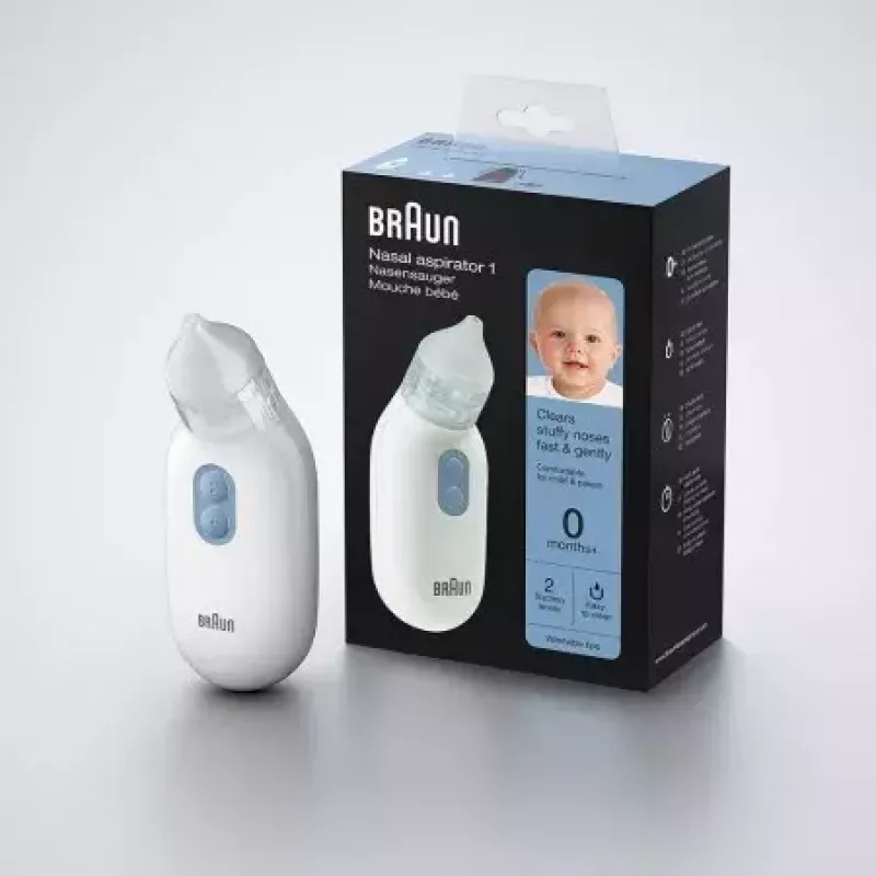 Elektrinis nosies siurblys BRAUN BNA 100, baterijomis maitinamas, reguliuojamas siurbimas, nuimami antgaliai, baltas