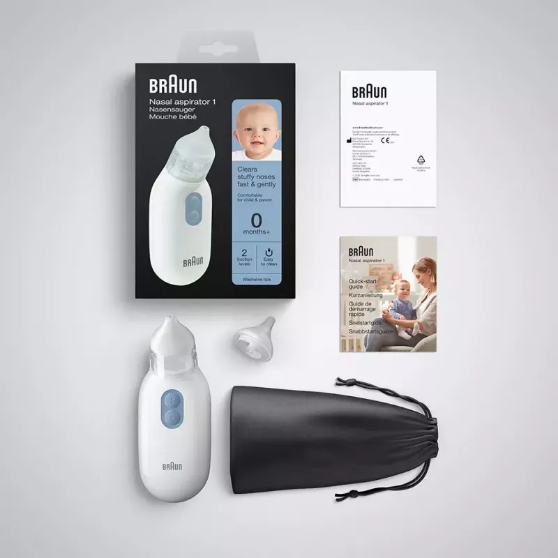 Elektrinis nosies siurblys BRAUN BNA 100, baterijomis maitinamas, reguliuojamas siurbimas, nuimami antgaliai, baltas