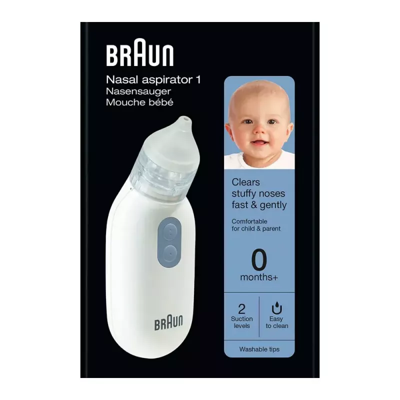 Elektrinis nosies siurblys BRAUN BNA 100, baterijomis maitinamas, reguliuojamas siurbimas, nuimami antgaliai, baltas