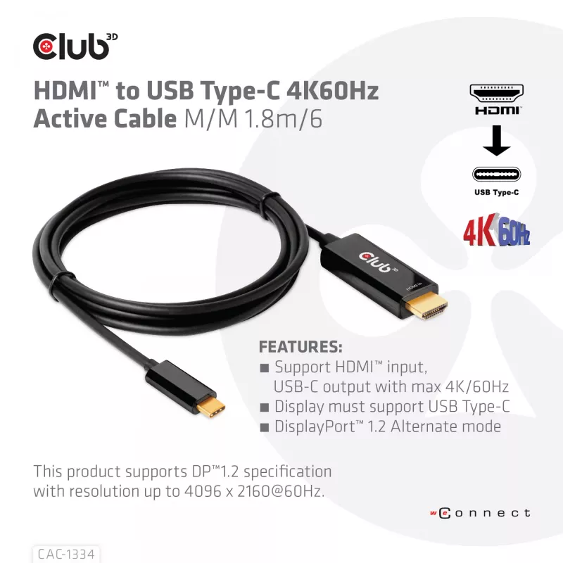 CLUB3D HDMI į USB Type-C aktyvus kabelis 4K60Hz M/M 1,8m