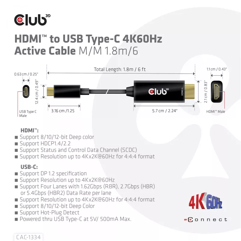 CLUB3D HDMI į USB Type-C aktyvus kabelis 4K60Hz M/M 1,8m