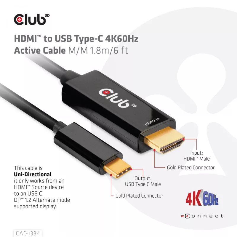CLUB3D HDMI į USB Type-C aktyvus kabelis 4K60Hz M/M 1,8m