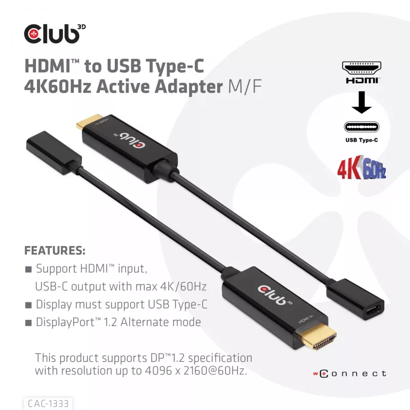 CLUB3D HDMI į USB Type-C aktyvus adapteris 4K60Hz M/F