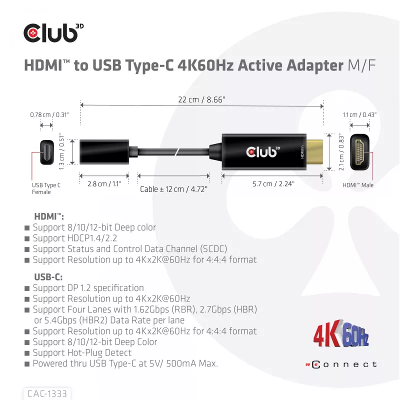 CLUB3D HDMI į USB Type-C aktyvus adapteris 4K60Hz M/F