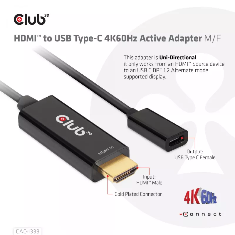 CLUB3D HDMI į USB Type-C aktyvus adapteris 4K60Hz M/F