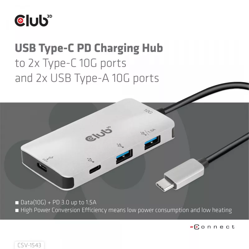 CLUB3D CSV-1543 USB Gen2 Type-C PD įkrovimo šakotuvas su 2x Type-C 10G ir 2x USB Type-A 10G prievadais
