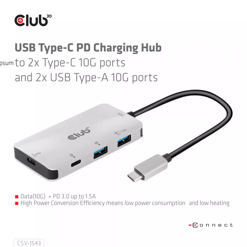 CLUB3D CSV-1543 USB Gen2 Type-C PD įkrovimo šakotuvas su 2x Type-C 10G ir 2x USB Type-A 10G prievadais