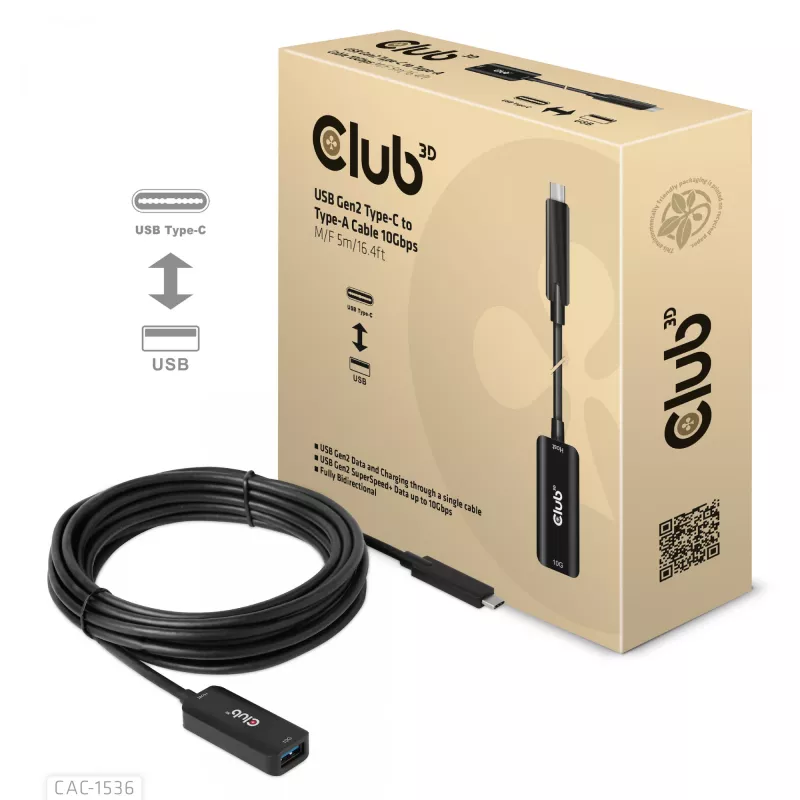 CLUB3D USB Gen2 Type-C į Type-A laidas 10Gbps M/F 5m