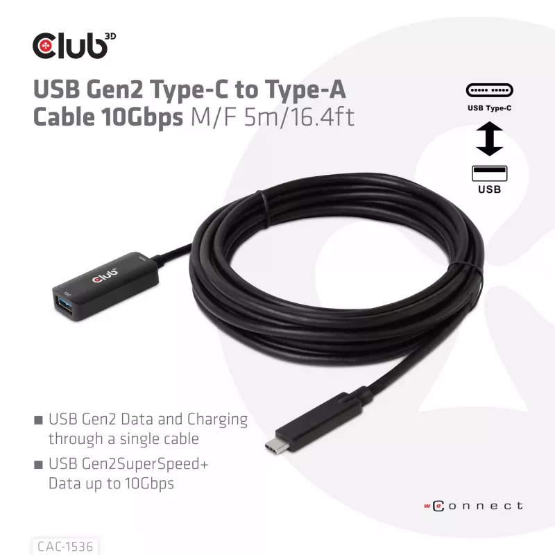 CLUB3D USB Gen2 Type-C į Type-A laidas 10Gbps M/F 5m