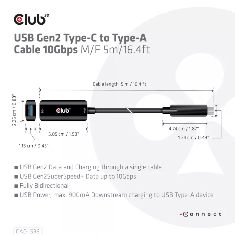 CLUB3D USB Gen2 Type-C į Type-A laidas 10Gbps M/F 5m