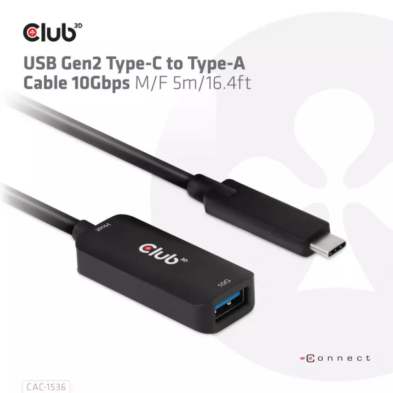 CLUB3D USB Gen2 Type-C į Type-A laidas 10Gbps M/F 5m