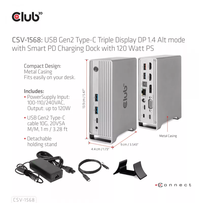Docking stotelė CLUB3D CSV-1568 metalinis korpusas USB Gen2 Type-C USB Gen2 Type-A HDMI DP VGA RJ45 120W