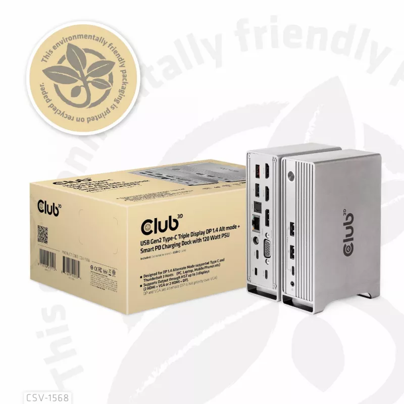 Docking stotelė CLUB3D CSV-1568 metalinis korpusas USB Gen2 Type-C USB Gen2 Type-A HDMI DP VGA RJ45 120W