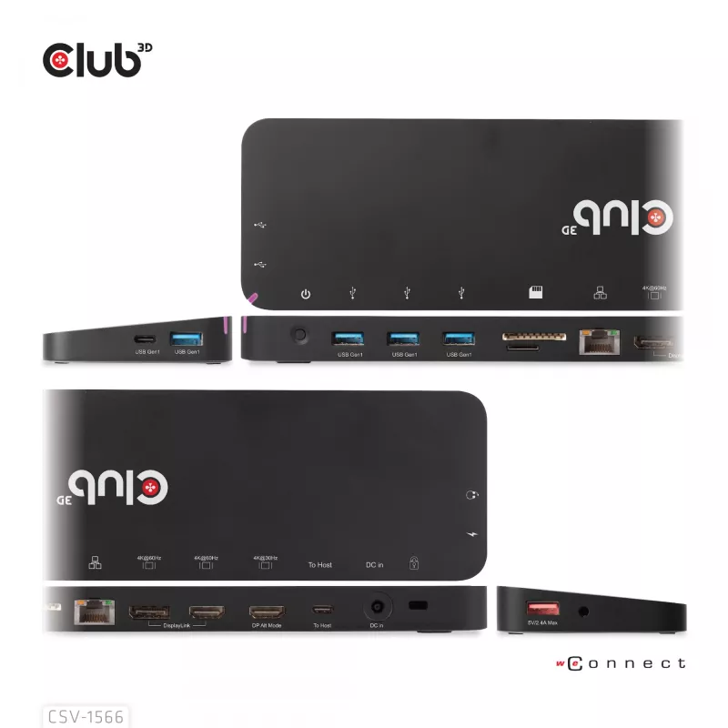 CLUB3D USB Gen1 Type-C Triple Display DP Alt mode Displaylink Dynamic PD Charging Dock su 120 W maitinimo šaltiniu
