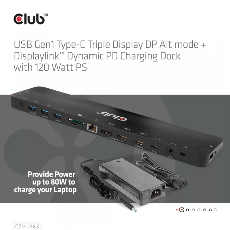 CLUB3D USB Gen1 Type-C Triple Display DP Alt mode Displaylink Dynamic PD Charging Dock su 120 W maitinimo šaltiniu