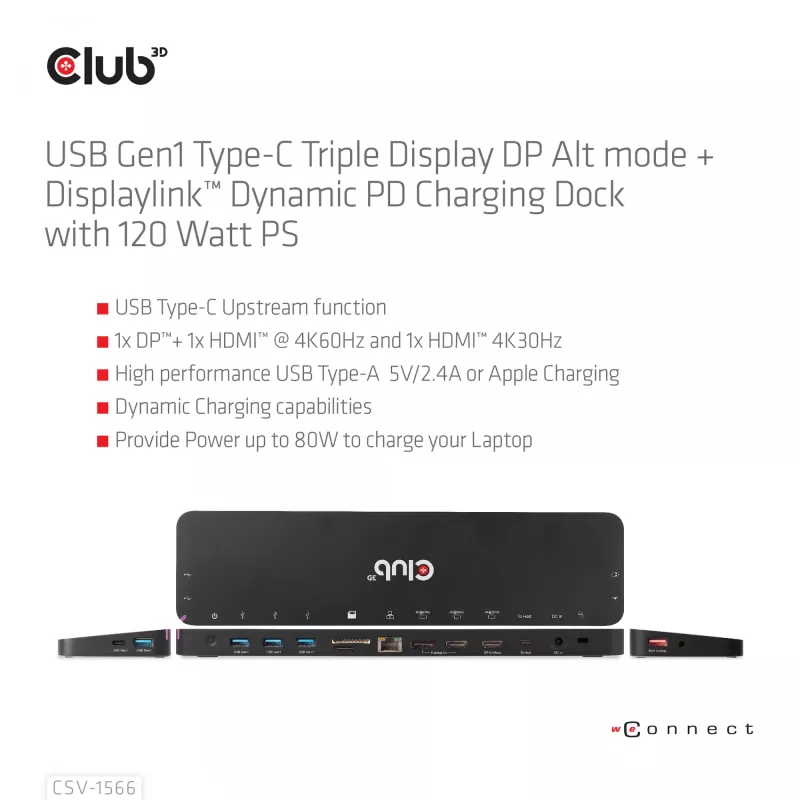 CLUB3D USB Gen1 Type-C Triple Display DP Alt mode Displaylink Dynamic PD Charging Dock su 120 W maitinimo šaltiniu