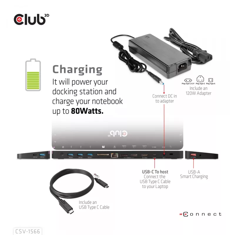 CLUB3D USB Gen1 Type-C Triple Display DP Alt mode Displaylink Dynamic PD Charging Dock su 120 W maitinimo šaltiniu