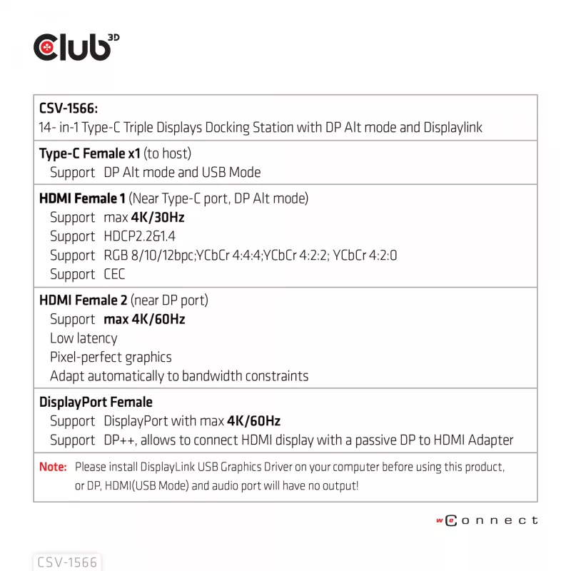 CLUB3D USB Gen1 Type-C Triple Display DP Alt mode Displaylink Dynamic PD Charging Dock su 120 W maitinimo šaltiniu
