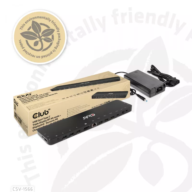 CLUB3D USB Gen1 Type-C Triple Display DP Alt mode Displaylink Dynamic PD Charging Dock su 120 W maitinimo šaltiniu