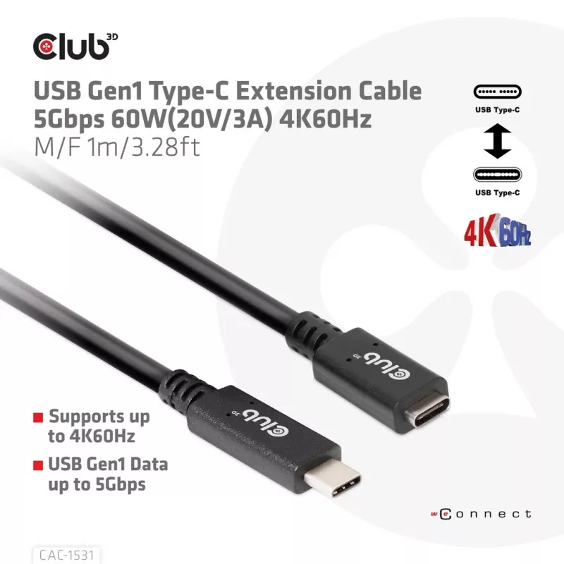 USB Gen1 tipo C ilginimo laidas CLUB3D CAC-1531, 1 m, USB-C kištukas į 2× USB-C lizdą, 5 Gbps, 60W PD, 4K@60Hz