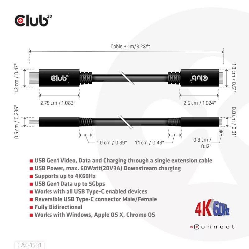USB Gen1 tipo C ilginimo laidas CLUB3D CAC-1531, 1 m, USB-C kištukas į 2× USB-C lizdą, 5 Gbps, 60W PD, 4K@60Hz
