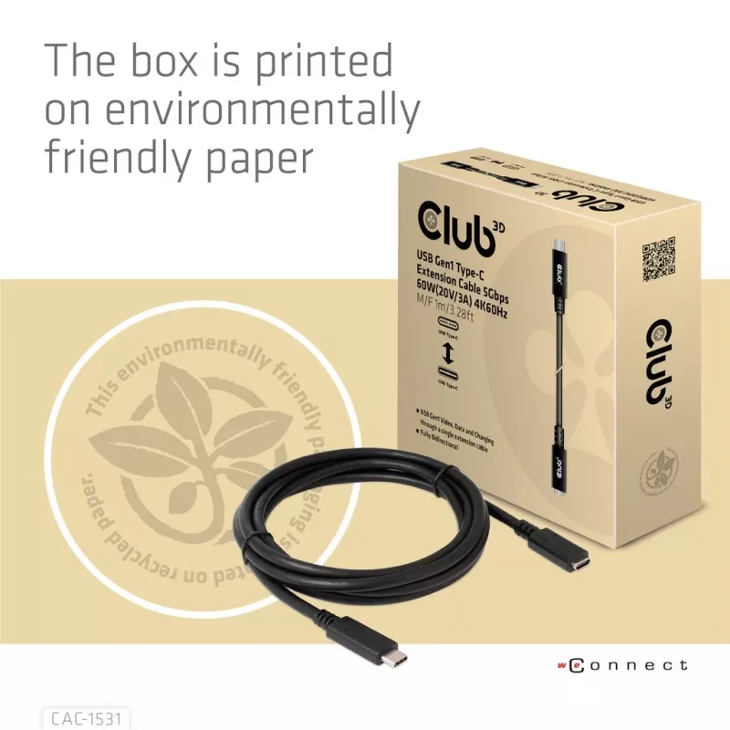 USB Gen1 tipo C ilginimo laidas CLUB3D CAC-1531, 1 m, USB-C kištukas į 2× USB-C lizdą, 5 Gbps, 60W PD, 4K@60Hz