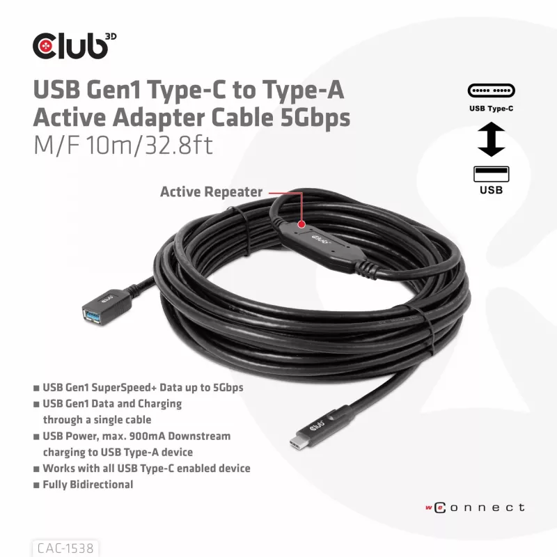 CLUB3D USB Gen1 Type-C į Type-A aktyvus adapterio laidas 5Gbps M/F 10m/32.8ft