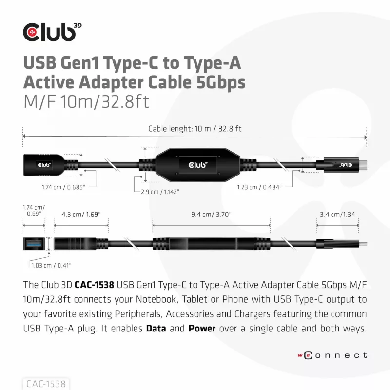 CLUB3D USB Gen1 Type-C į Type-A aktyvus adapterio laidas 5Gbps M/F 10m/32.8ft