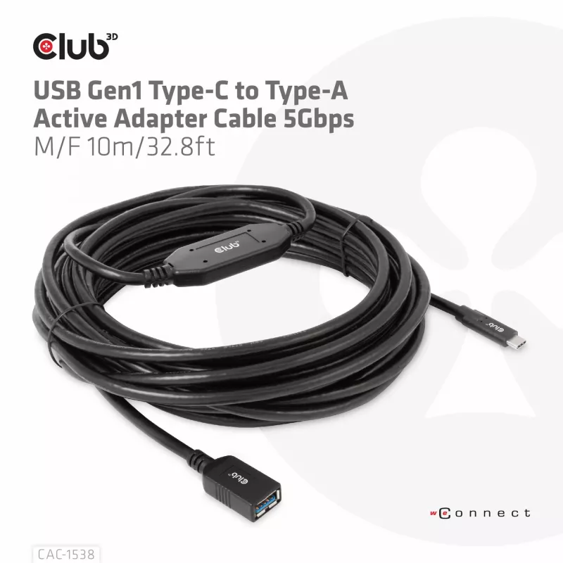 CLUB3D USB Gen1 Type-C į Type-A aktyvus adapterio laidas 5Gbps M/F 10m/32.8ft