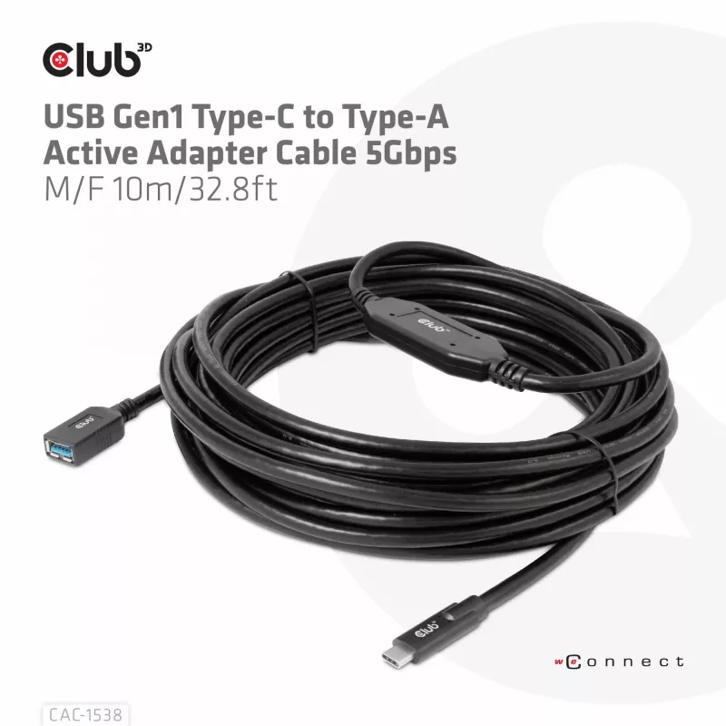 CLUB3D USB Gen1 Type-C į Type-A aktyvus adapterio laidas 5Gbps M/F 10m/32.8ft